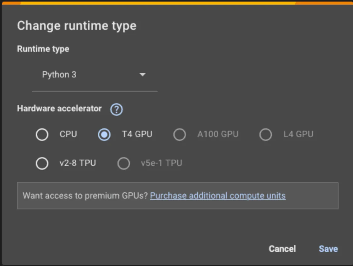 Selecting T4 GPU in Google Colab